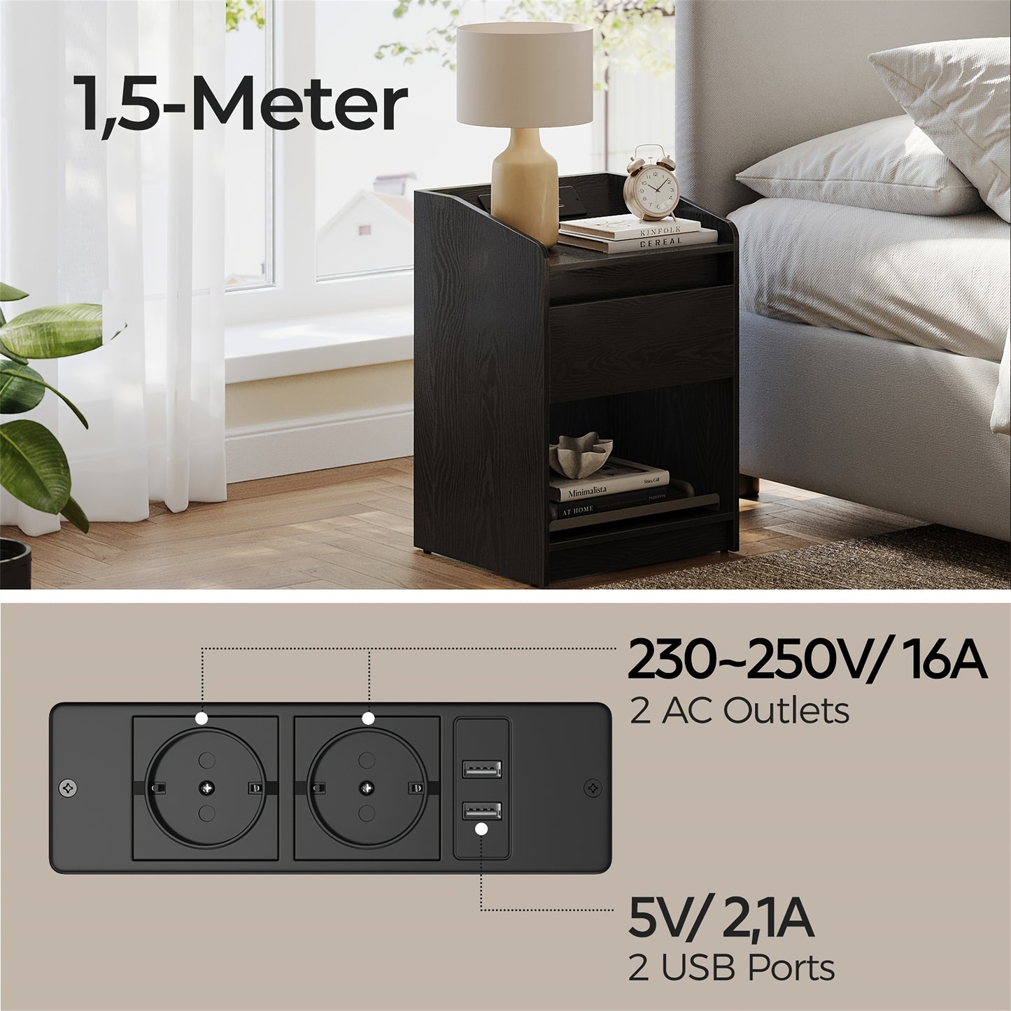 Nachtkastje – Bedside Table – Bijzettafel – Opberglade – Sfeerverlichting – Met LED-Verlichting En Oplaadstation – 2 USB-Poorten En Stopcontacten – Set Van 2 – 35x40x58 Cm – Stevig Hout – Zwart