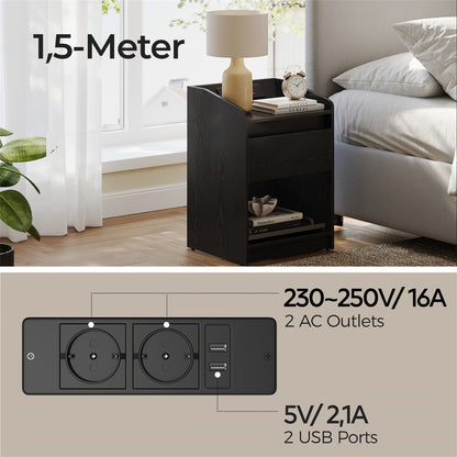 Nachtkastje – Bedside Table – Bijzettafel – Opberglade – Sfeerverlichting – Met LED-Verlichting En Oplaadstation – 2 USB-Poorten En Stopcontacten – Set Van 2 – 35x40x58 Cm – Stevig Hout – Zwart