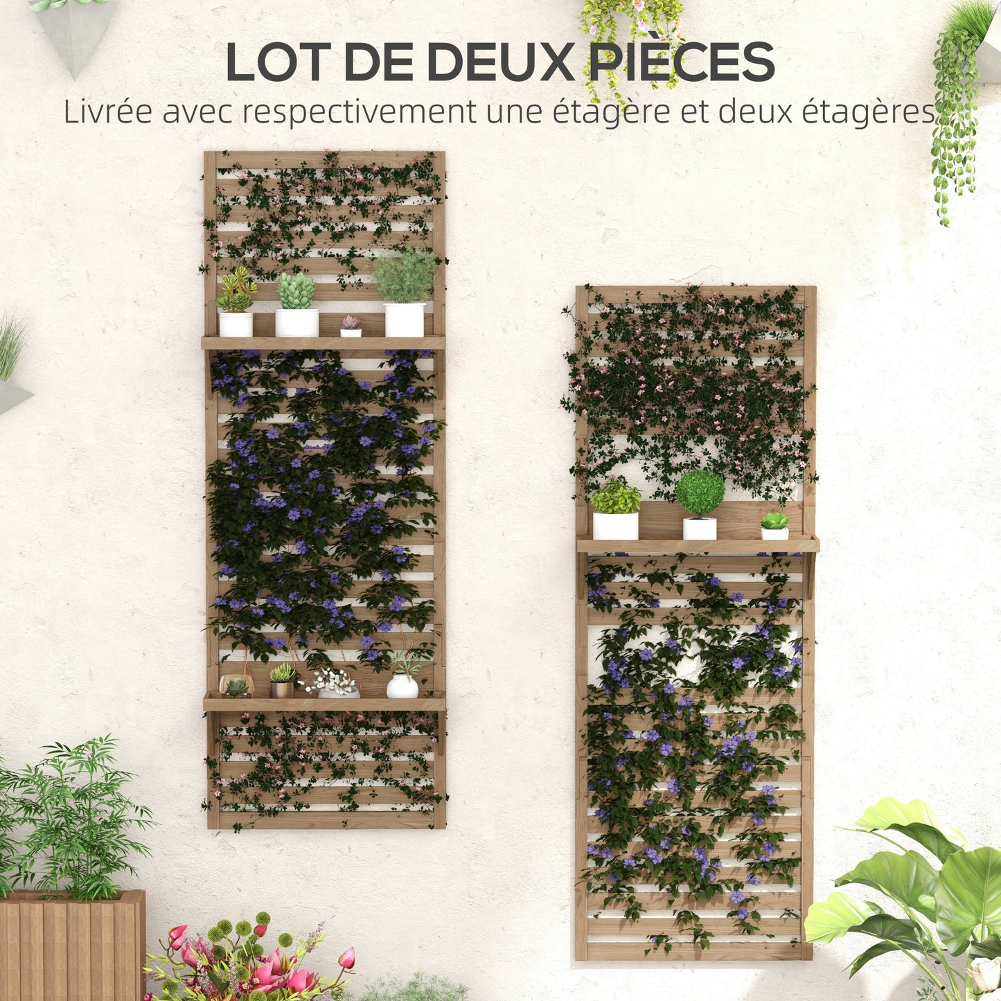 Plantenrek – Plantenstandaard – Plantentafel – Bloemenrek – Plantenzuil – Set van 2 – Houten Batterij – Met Latwerk Klimrek – Natuurlijk Hout – Voor Binnen & Buiten