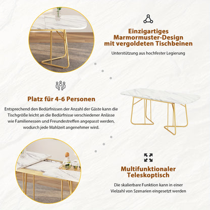 Uitschuifbare Eettafel – Uitklapbare Tafel – Verstelbare Eettafel – Marmeren Tafel – Witte Eettafel – Goudkleurige Metalen Poten – 140-180 cm Lengte – Modern Luxe Design