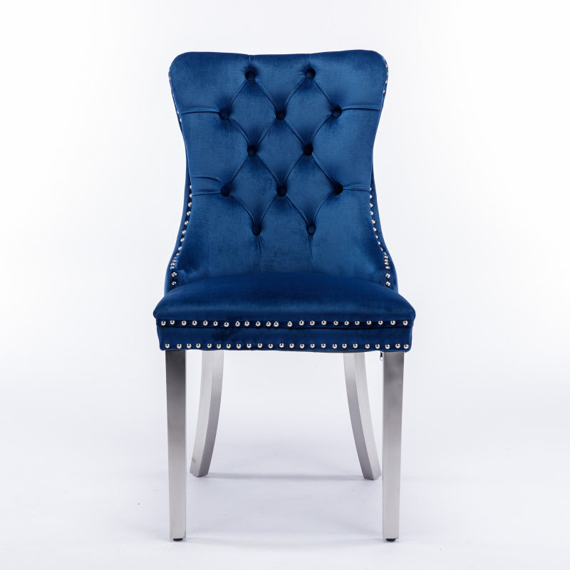 Modern, High-end Tufted Solid Wood Contemporary Velvet Upholstered Dining Chair with Chrome Stainless Steel Plating Legs,Nailhead Trim,Set of 2,Blue and Chrome, DE1701BL