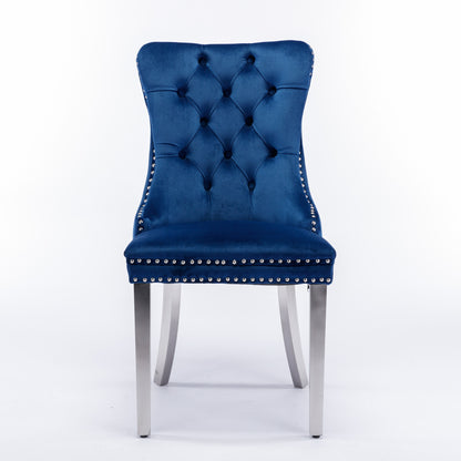Modern, High-end Tufted Solid Wood Contemporary Velvet Upholstered Dining Chair with Chrome Stainless Steel Plating Legs,Nailhead Trim,Set of 2,Blue and Chrome, DE1701BL
