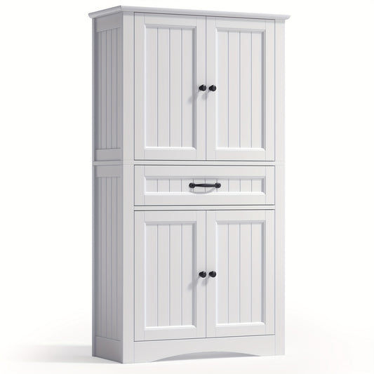 Opbergkast – Voorraadkast – Kastje – Dressoir – Bergkast – Modern – 4 Deuren Met Lade – Verstelbare Planken – Anti-Kiep Veilig – Wit Hout Kunstbord