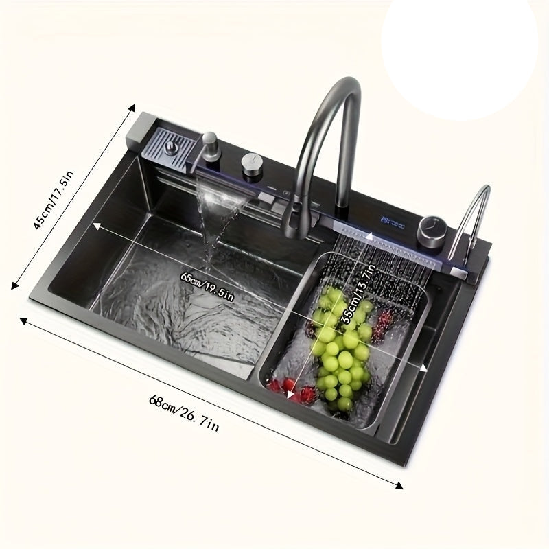 Keukenspoelbak – Spoelbak – Spoelbak RVS – Enkele Bak – Inbouw Spoelbak – Gunmetal Grijs – Grote Enkele Bak 68x45x22 cm – Honingraat Nano Coating & Waterval Afvoer