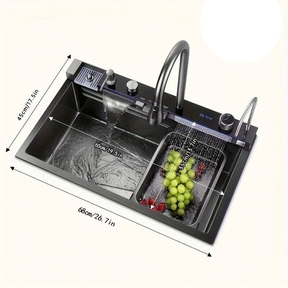 Keukenspoelbak – Spoelbak – Spoelbak RVS – Enkele Bak – Inbouw Spoelbak – Gunmetal Grijs – Grote Enkele Bak 68x45x22 cm – Honingraat Nano Coating & Waterval Afvoer