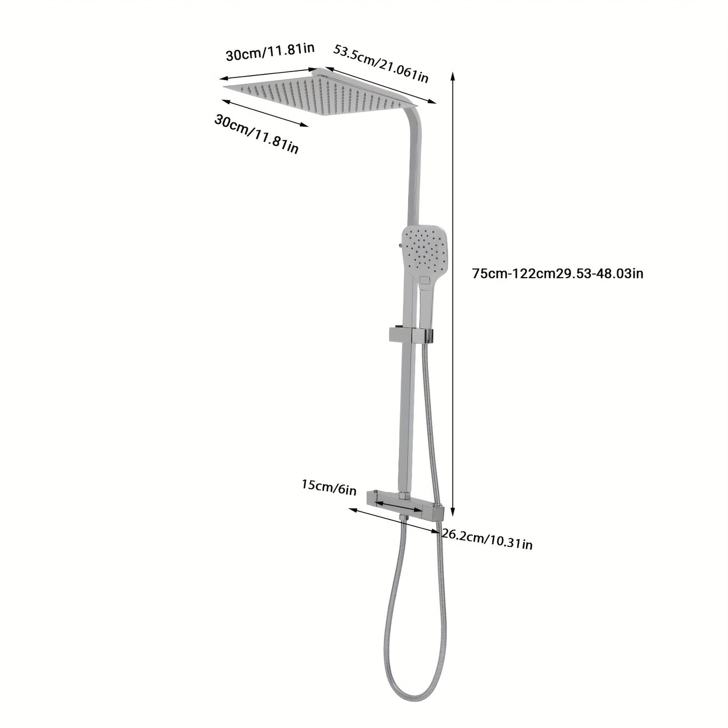 TOOL1SHOOO 30cm Thermostatic Shower Set With Three Hand Shower Modes - Silver, Top Shower With 360° Swivel, Adjustable Height 29.53-48.03inch, Intelligent Thermostatic Suitable For Bathroom Showers And Bathtubs