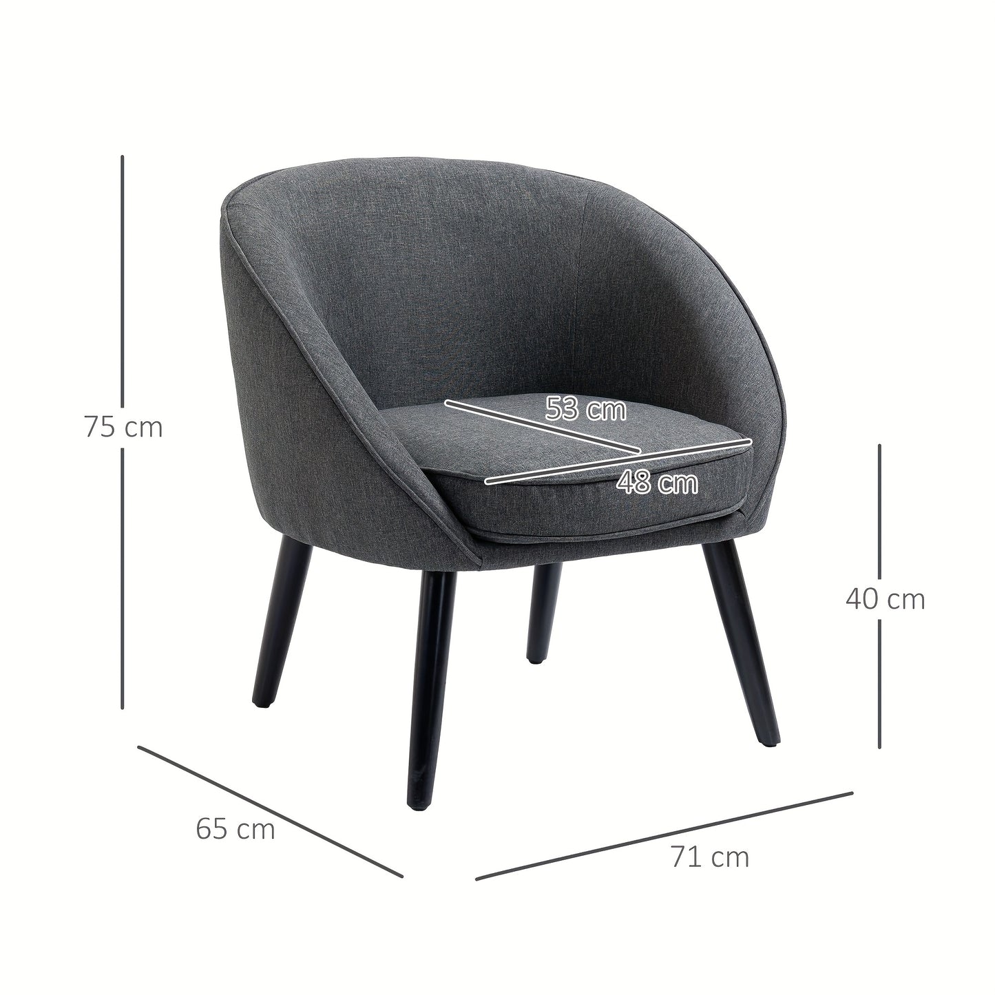 Lounge stoel – cocktailstoel – beklede stoel – bureaustoel – woonkamerstoel – modern design – linnen look – metalen frame – 71 x 65 x 75 cm – grijs