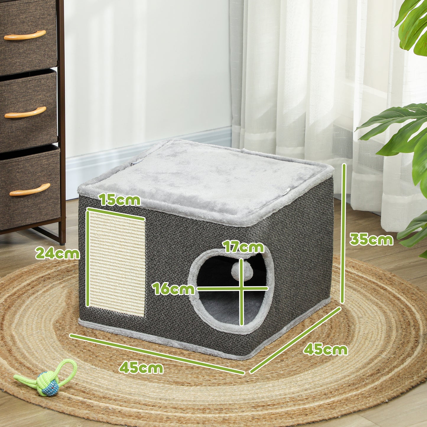 Krabton Kattenhuis Kattenkrabpaal Kattenmeubel Kattenhoek – Donkergrijs – Inclusief 2 Kussens – Sisal Krabvlak – Compact 45x45x35 cm – Pluche Zacht