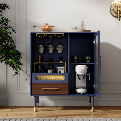 Wijnkast – Dressoir – Sidetable – Opbergmeubel – Vintage Sideboard – Blauw – Hoogwaardige MDF Constructie – Met Deur, Lades En Wijnrek