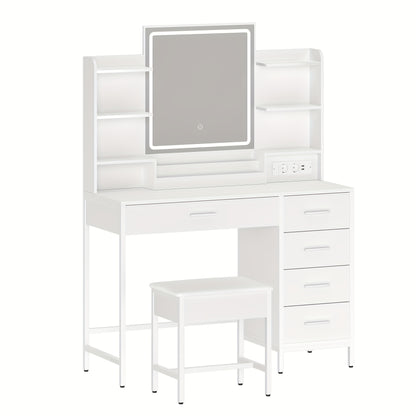 Dressing Table, With Padded Stool, HD Mirror And Adjustable LED Lights, Socket And USB, 5 Drawers, Open Storage Compartment, Simplicity, Mounted Closet Systems