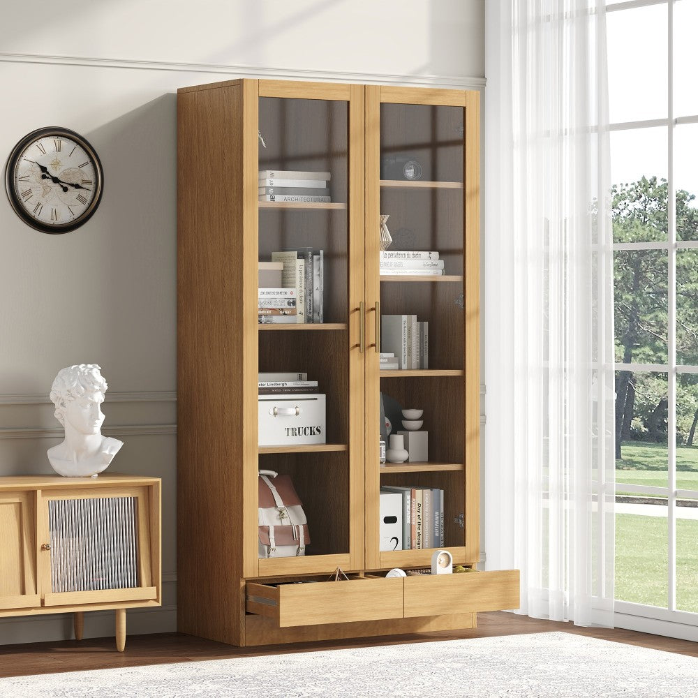 Vitrinekast Modern – Glazen Kast – Boekenkast – Opbergkast – Displaykast – Natuurlijk Houten Frame – Vrijstaand Met Push-to-Open Lades – 80x40x160 cm