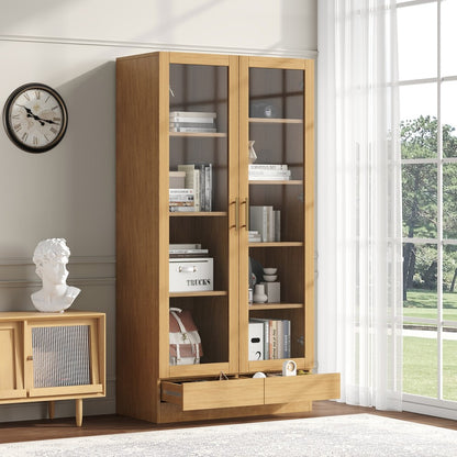 Vitrinekast Modern – Glazen Kast – Boekenkast – Opbergkast – Displaykast – Natuurlijk Houten Frame – Vrijstaand Met Push-to-Open Lades – 80x40x160 cm