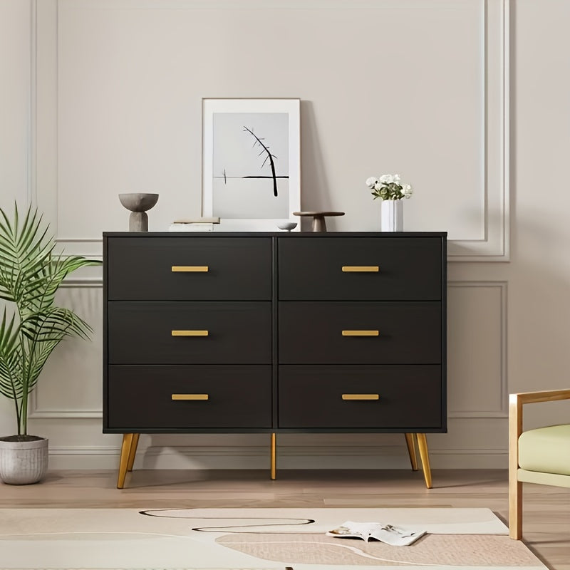 Ladekast – Dressoir – Ladenkast – Opbergkast – Kledingkast – Zwart met Gouden Handgrepen – 6 Ruime Lades – Compact MDF en Hout
