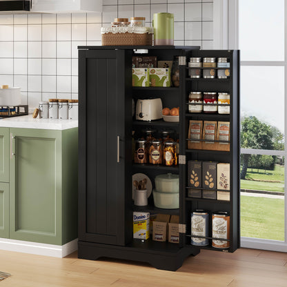 Large Modern Black Metal Freestanding Storage Cabinet with Double Doors & Adjustable Shelves - Heavy-Duty Floor-Standing Kitchen Pantry Cabinet with Door Racks, Spacious Organizer for Kitchen, Dining Room, Living Room - Easy