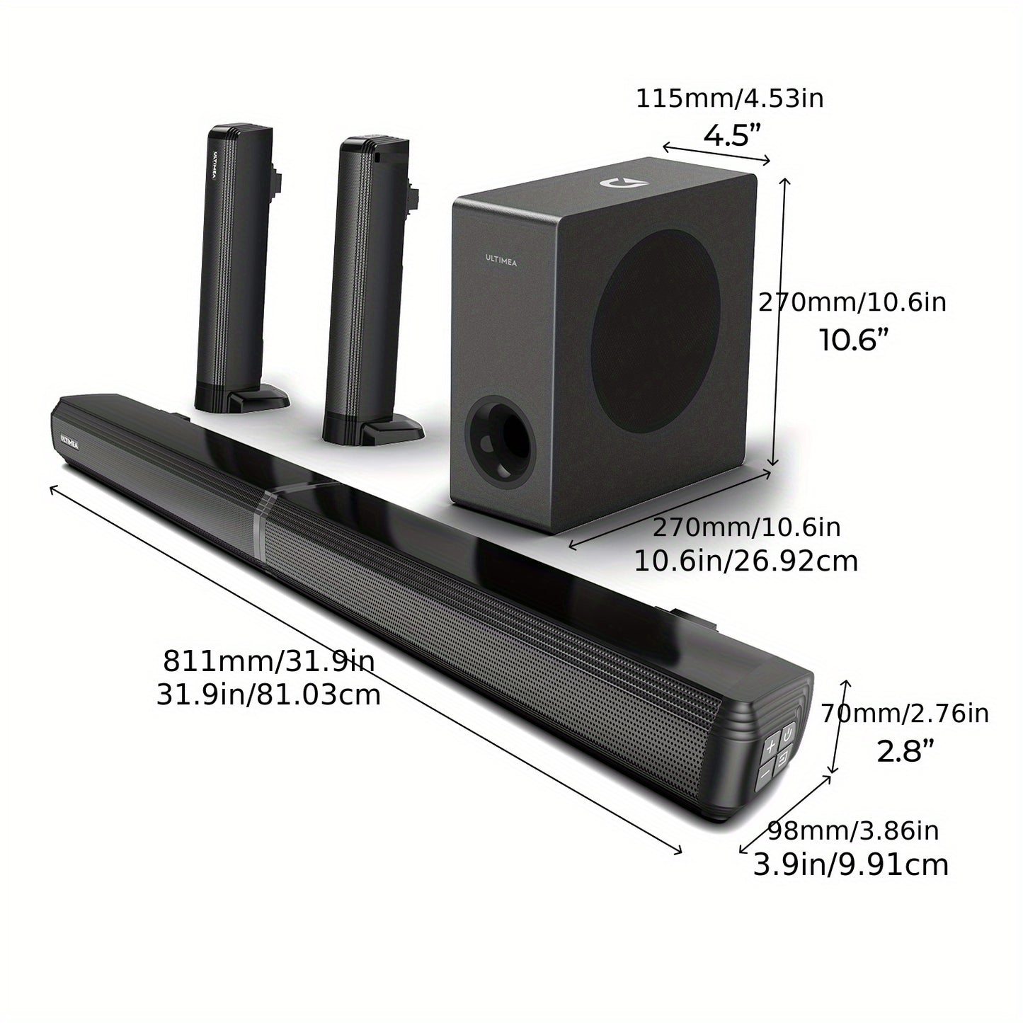 Soundbar – Home Cinema Speaker – Draadloze Speaker – TV Speaker – Audio System – 4.1 Kanaals Surround – 200W Piekvermogen – Draadloze Subwoofer met Afneembare Soundbar
