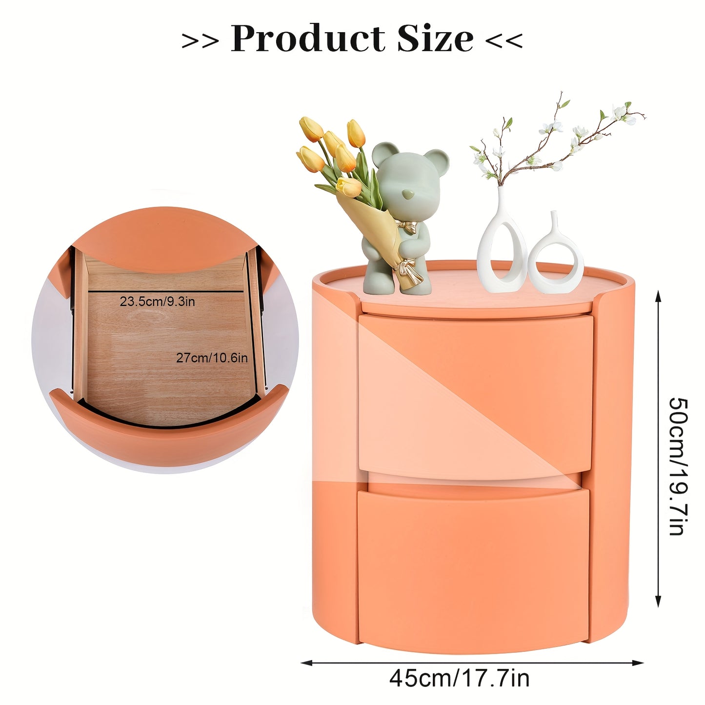 Ronde Nachtkast – Nachtkastje – Bedside Table – Dressoir – Bijzettafel – Oranje Zadelleren Bovenblad – Massief Hout – 2 Laden – Compact 45x45x50 cm