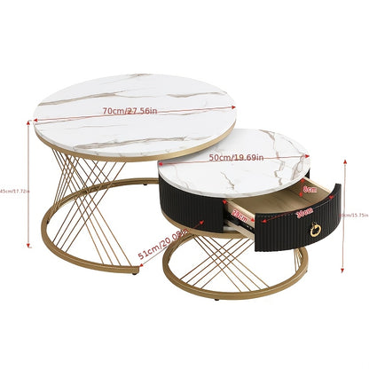 Salontafel – Koffietafel – Bijzettafel – Woonkamertafel – Tafelset – Marmerlook – Gouden Accenten – Modulaire Set Met Laden – Modern Design