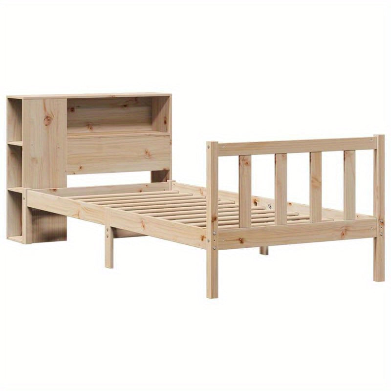 Bedframe – Studiebed – Opbergbed – Boekenbed – Eenpersoonsbed – Massief Pijnhout – Met Boekenplank Hoofdeinde – Compact 75x190 cm – Eenvoudige Montage – Modern Minimalistisch Design – Marrone
