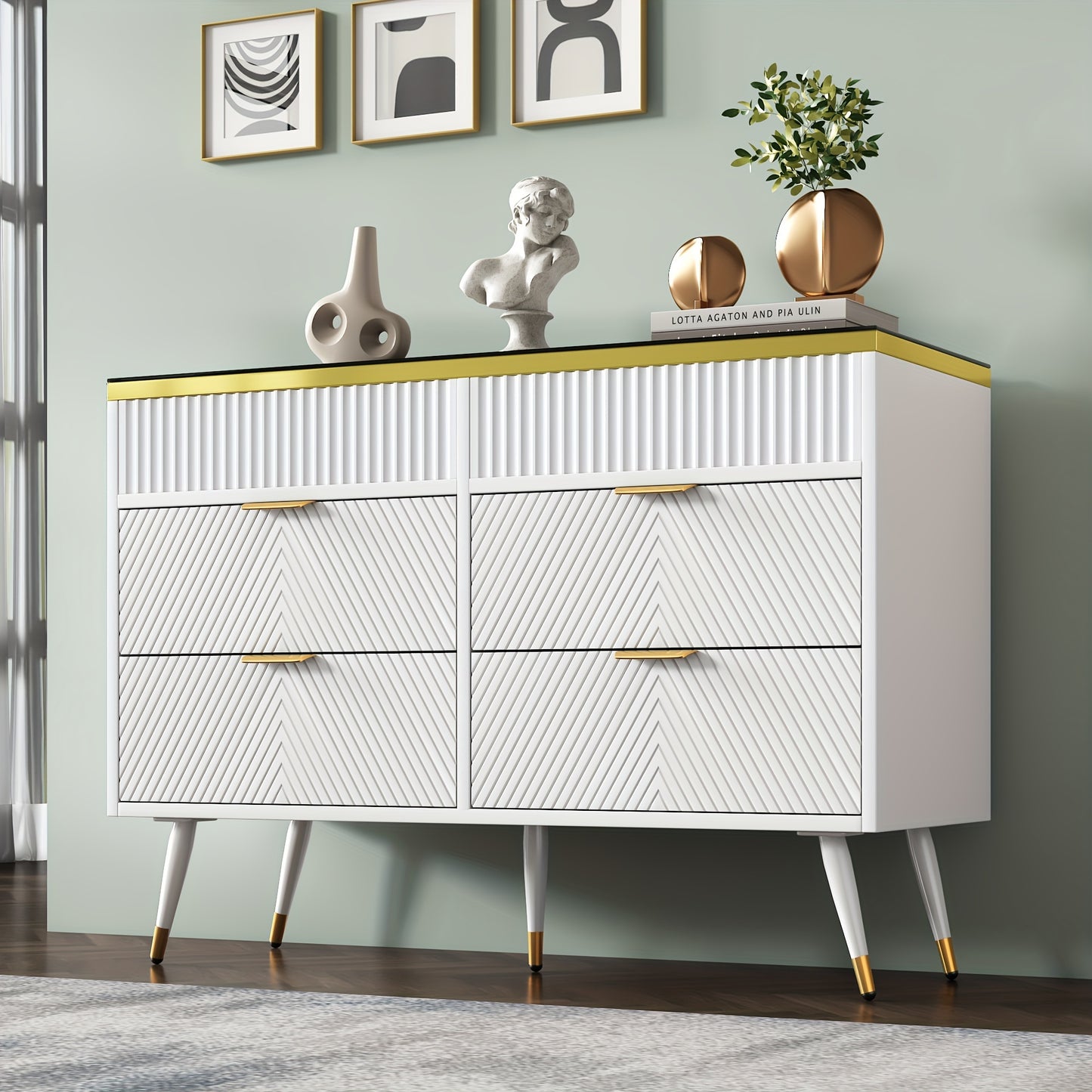 Dressoir – Sideboard – Opbergkast – Ladekast – Wandkast – Modern Wit – Hardhout & Amberglas – 6 Lades Met Compartimenten – Tip-Proof Veiligheidsfunctie – 120x40x76 cm