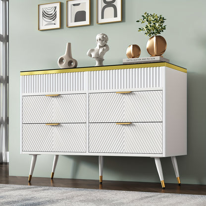 Dressoir – Sideboard – Opbergkast – Ladekast – Wandkast – Modern Wit – Hardhout & Amberglas – 6 Lades Met Compartimenten – Tip-Proof Veiligheidsfunctie – 120x40x76 cm