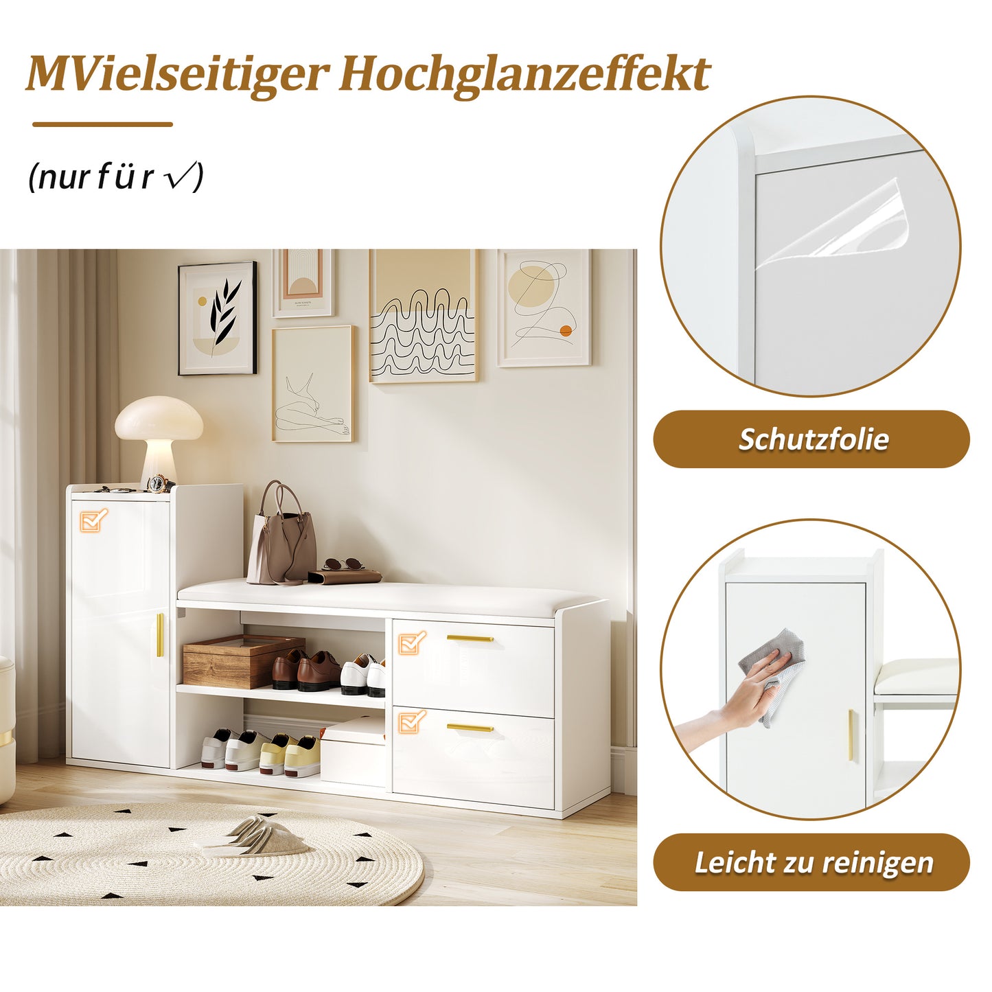 BTM Shoe Cabinet 128×30×68 Cm, in White with Shoe Bench, 2 Drawers & 1 Closet, Open 2-Tier Shoe Rack with Upholstered Seat Bench, Storage Furniture for Hallway, Living Room Or Office