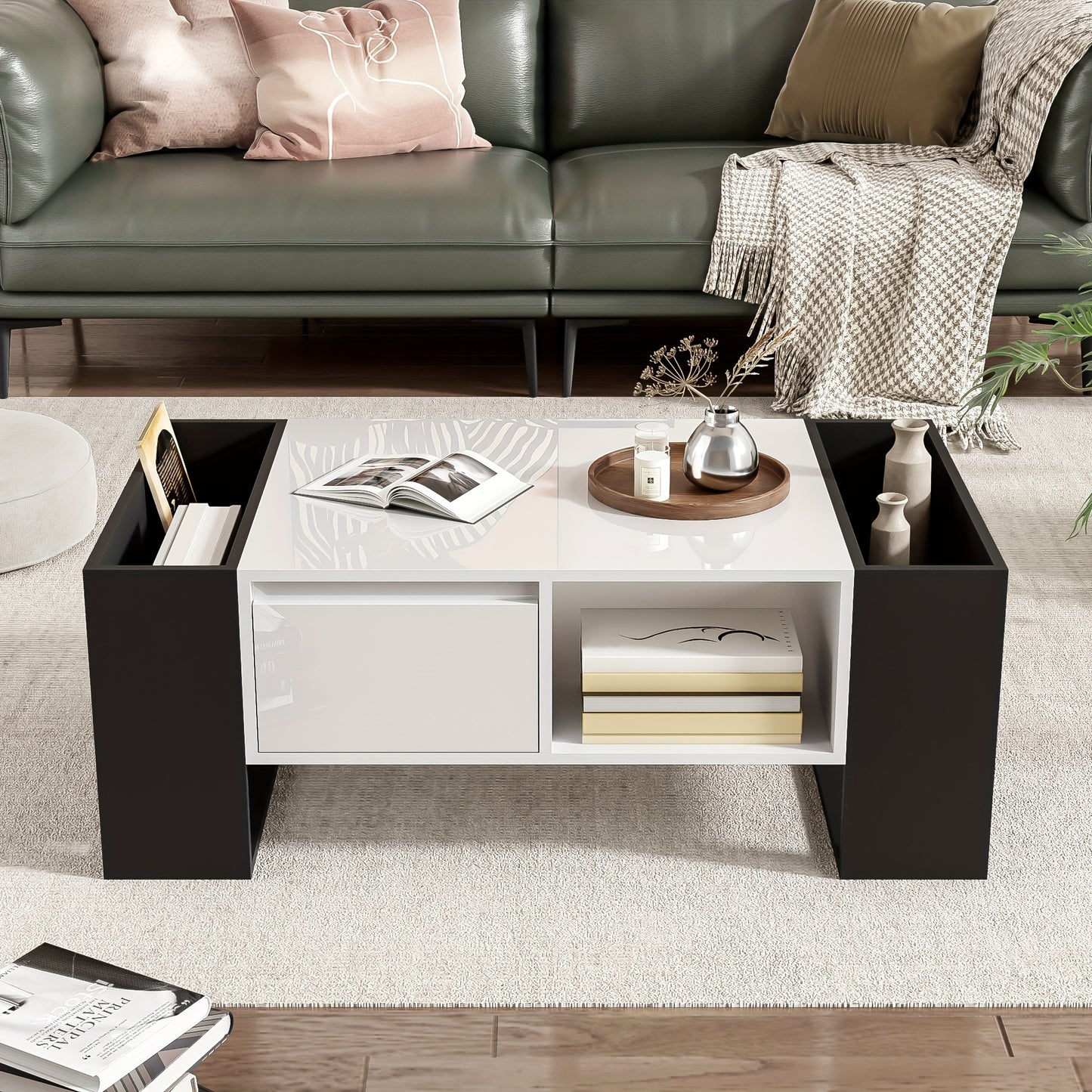 Salontafel – Koffietafel – Tafel – Woonkamertafel – Tafeltje – Modern Design – Hoogglans Zwart-Wit – 105x60x40,5 cm – Hardhout – 2 Lades & 4 Open Vakken