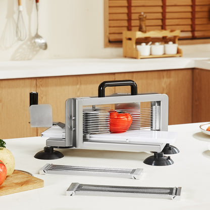 Tomatensnijder – Groentesnijder – Fruitsnijder – Snijmachine – Handmatige snijmachine – RVS Metalen Behuizing – 3 Dikte Instellingen 3/16" 1/4" 3/8" – Anti-slip Zuignappen Voor Stabiliteit