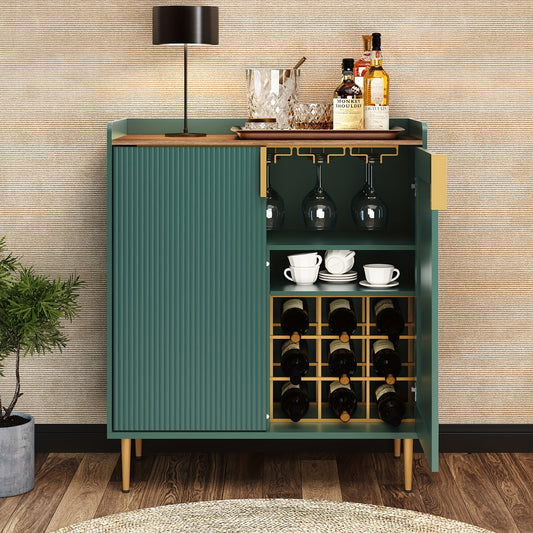 Wijnkast – Wijnrek – Wijnmeubel – Flessenhouder – Retro Kast – Massief Hout – Ruimte Voor 9 Flessen – Vrijstaand Met Planken – Groen