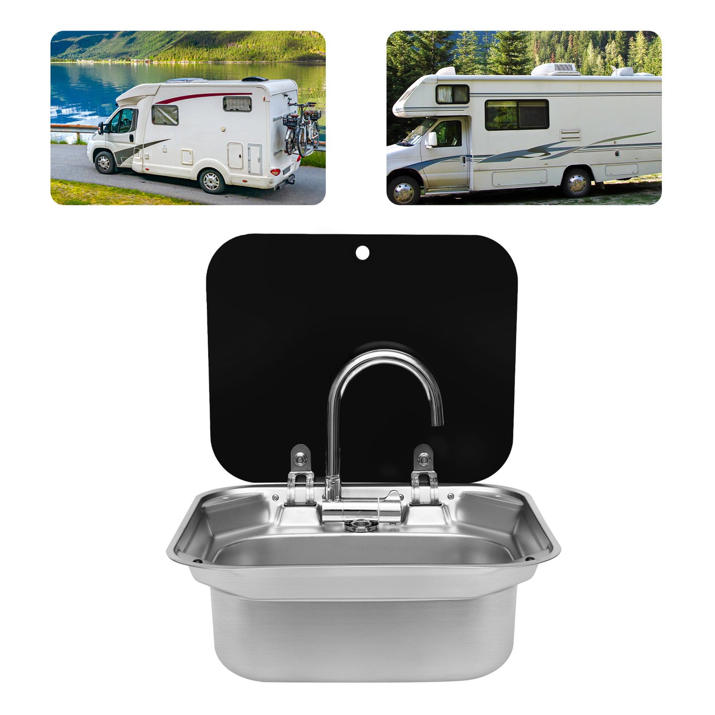 RVS Handwasbak – Spoelbak – Waskom – Caravan Wasbak – Boot Wasbak – Inclusief Opvouwbare Kraan – Temperglas Deksel – Roestvrij Staal