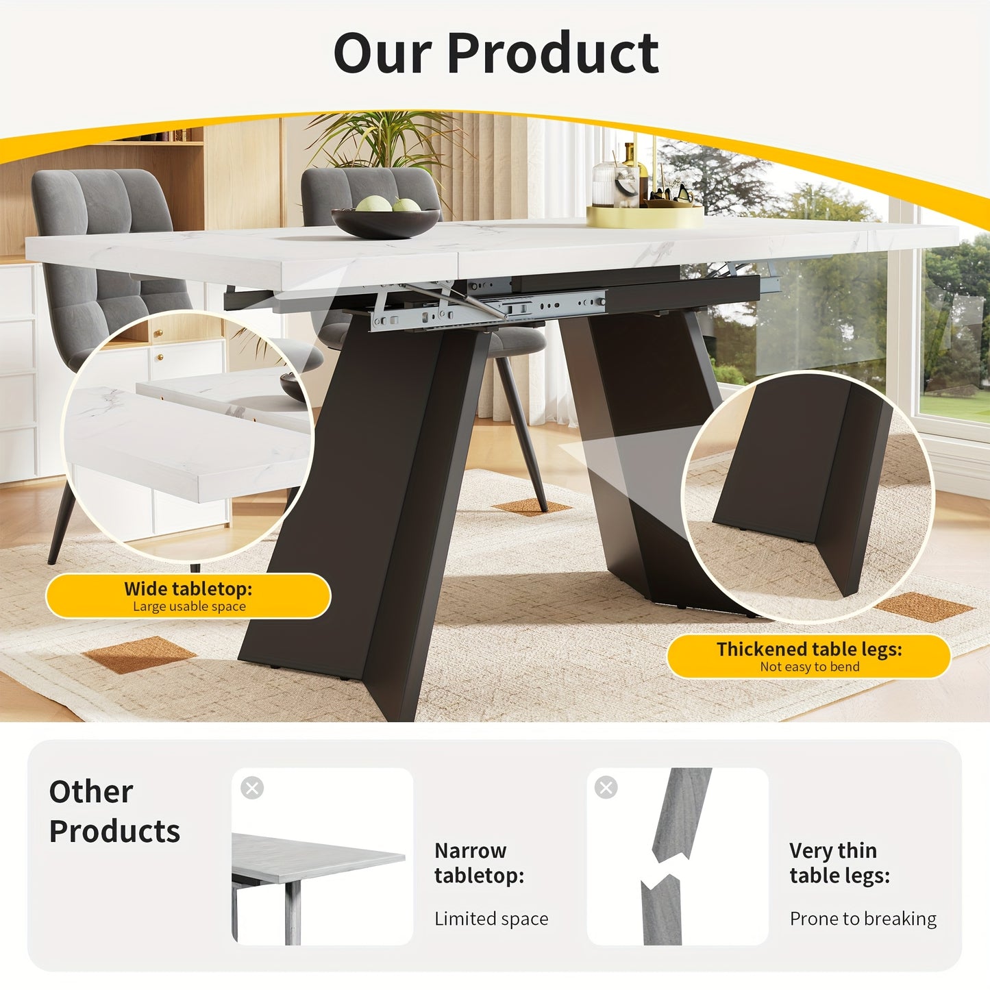 Uitklapbare Tafel – Klaptafel – Vouwtafel – Eettafel – Uitschuifbare Tafel – Ruimtebesparend Design – Wit Tafelblad Met Zwarte Metalen Poten