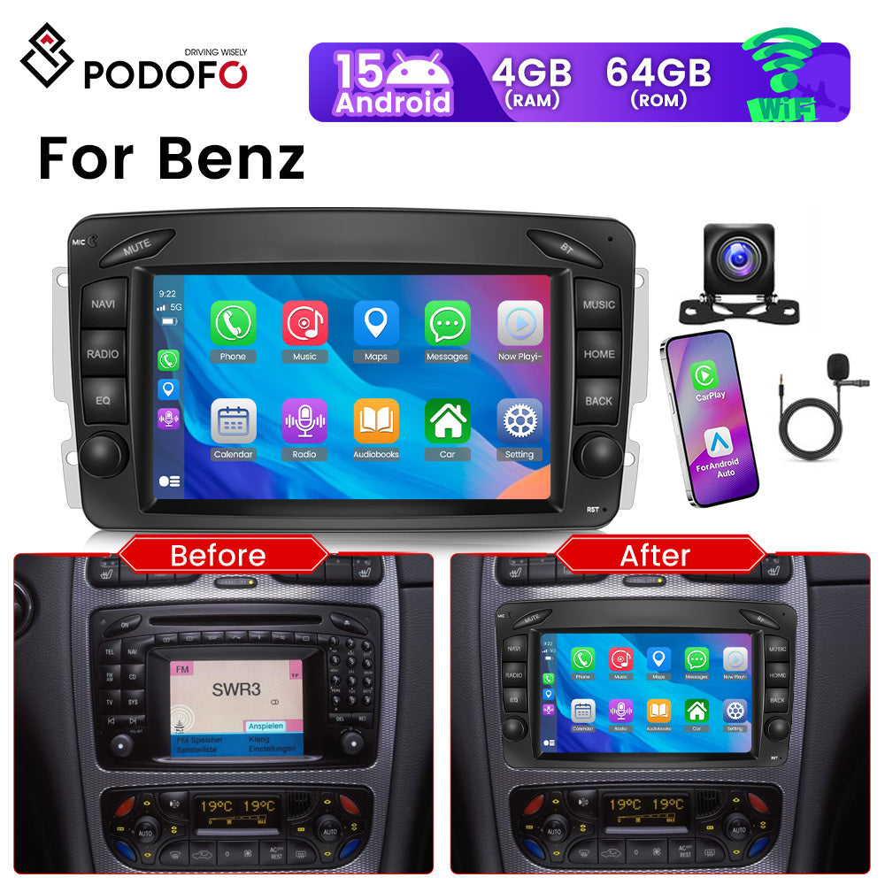 Autoradio Mercedes Benz – Multimedia Autoradio – Navigatiesysteem – Draadloze CarPlay – Achteruitrijcamera – Android 15 Systeem – 7 Inch HD Touchscreen – 4GB RAM 64GB Opslag