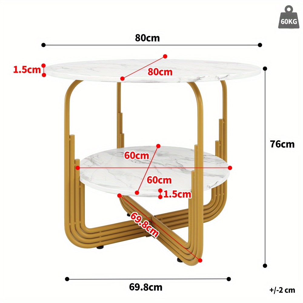 Eettafel – Ronde Tafel – Keukentafel – Woonkamertafel – Dinertafel – MDF Blad Marmerprint – Gouden Metalen Onderstel 80x80x76 cm