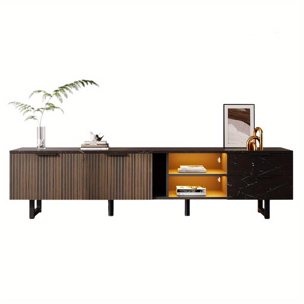 TV-kast – Meubel – Entertainmentkast – Woonkamerkast – TV-meubel – 200 cm – Zwart Marmer – Donker Houtnerf – 2 Deuren – 2 Lades