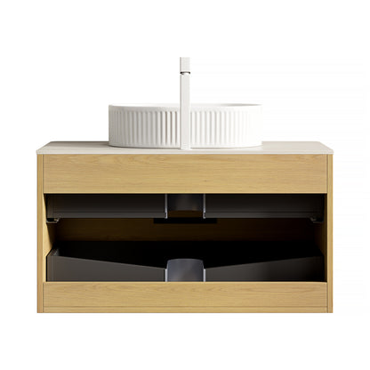 Badmeubel – Badkamermeubel – Wastafelmeubel – Onderbouwkast – Wastafel – 90 cm – Travertijn Sintered Stone Blad – Zwevend Multiplex Met Eiken Houtnerf