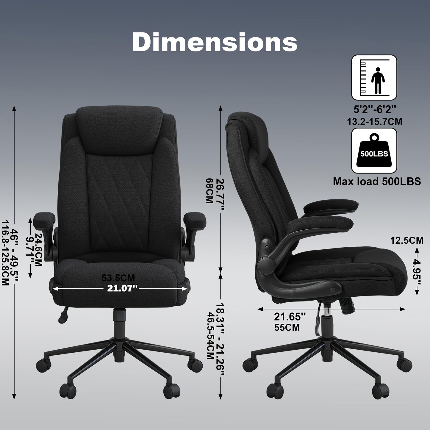 Zware‑Duty Bureaustoel voor Grote & Lange Personen – Hoge Rugleuning met 120° Verstelbare Schommel‑/Recline‑Stand, Versterkt Stalen Frame, Verstelbare Hoogte + Flip‑Up Armleuningen – Ideaal voor Kantoor, Thuiswerk of Gaming