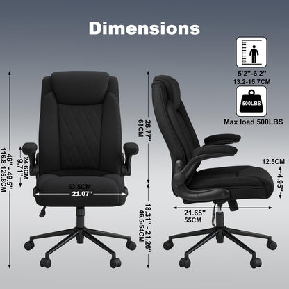 Bureaustoel – Ergonomische Stoel – Office Chair – Draaistoel – Bureaustoelen – Extra Stevig Tot 500 kg – 120° Kantelfunctie Met Opklapbare Armleuningen – Donkergrijs