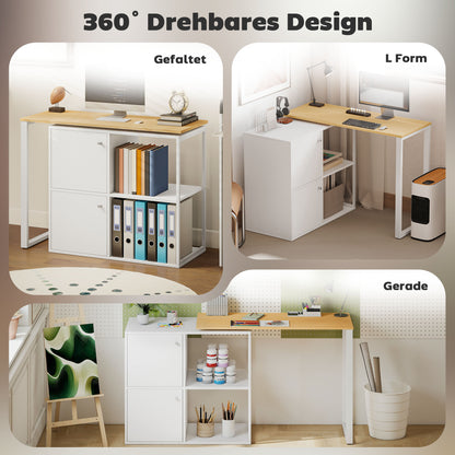 L-Vormig Bureau – Hoekbureau – Werkplek – Computertafel – Thuiswerkplek – Wit – 360° Draaibare Hoek – 2 Afsluitbare Kasten & 2 Open Planken – Compact 150x40x75 CM