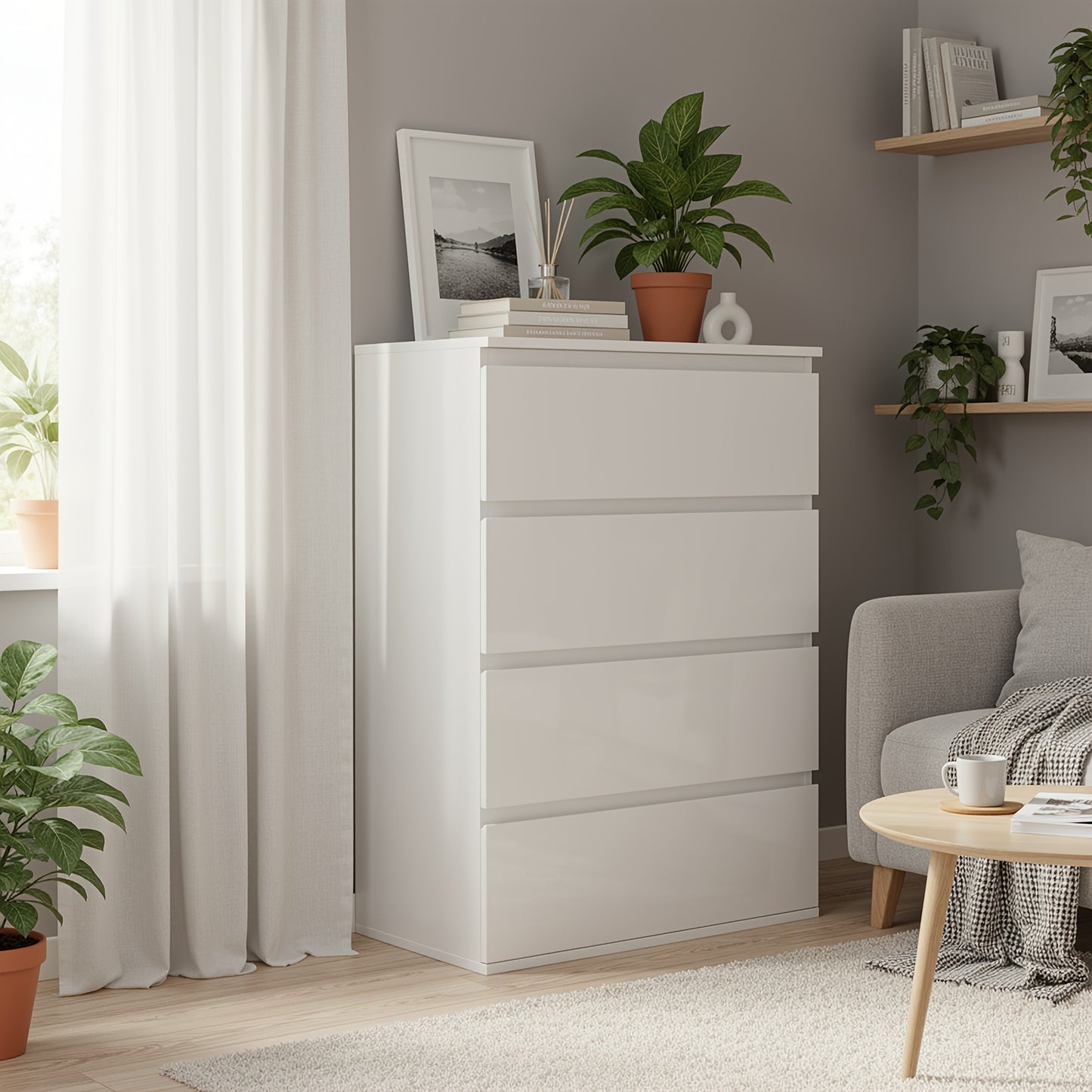 Ladekast – Ladenkast – Opbergkast – Dressoirkast – Wit – 4 Lades – Waterbestendig MDF – Ruime Opbergruimte 90 Liter