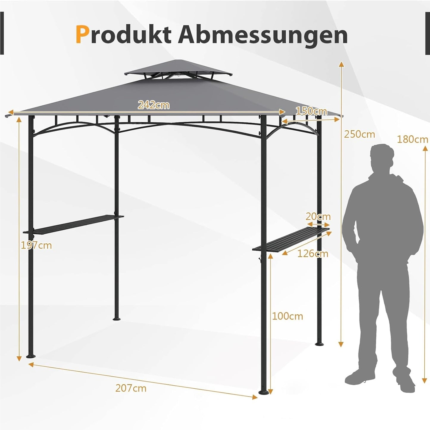 Grillpaviljoen – Barbecueoverkapping – Tuinpaviljoen – BBQ Shelter – Terrasoverkapping – Dubbel Polyester Dak – Met Zijplanken en Haken – Weerbestendig – 242 x 150 cm – Grijs