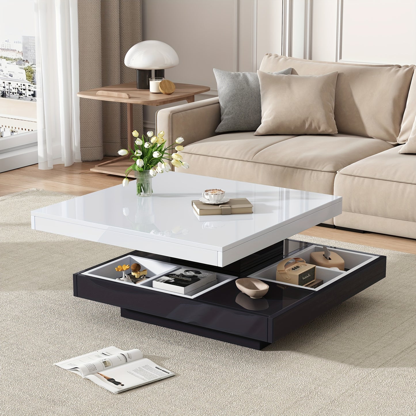 Modern 360° Swivel Coffee Table with Two-Tier Spinning Tabletop & Storage - White Gloss Metal Frame, Black Base, Space-Saving Oval-Effect Design for Small Living Rooms, Apartments - Easy Assembly (70x70x36cm)