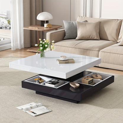 Modern 360° Swivel Coffee Table with Two-Tier Spinning Tabletop & Storage - White Gloss Metal Frame, Black Base, Space-Saving Oval-Effect Design for Small Living Rooms, Apartments - Easy Assembly (70x70x36cm)