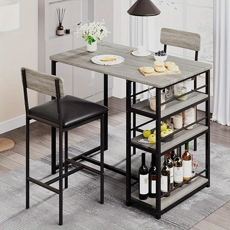 Eettafel Set – Bar Tafel Set – Keukentafel – Bistroset – Kleine Ruimte Meubel – Inclusief Zwart Leren Stoelen – Met Opberglades – Compact Voor Appartement