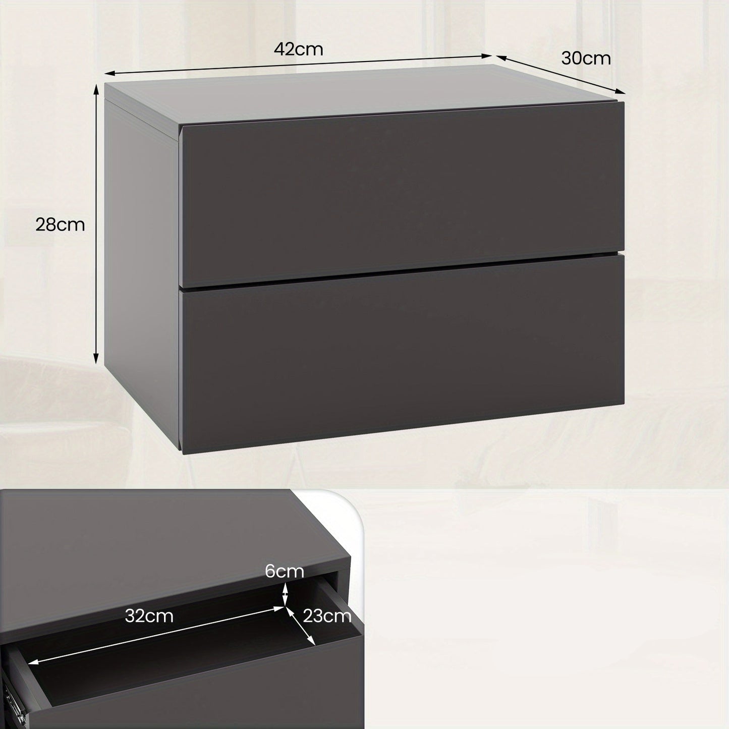 Zwevend Nachtkastje – Wandkastje – Bedside Table – Nachtmeubel – Opbergkastje – Set Van 2 – Met 2 Lades – Muurbevestiging Voor Stevige Muren – Strak Grijs Design