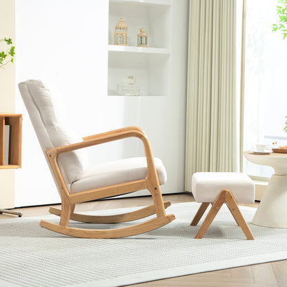 Schommelstoel – Schommelstoel Met Voetenbank – Relaxstoel – Loungestoel – Zitstoel – Crème – Stevig Houten Frame – Zachte Linnen Bekleding