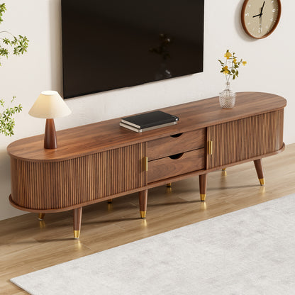 TV-kast – TV-meubel – Mediameubel – TV-dressoir – Tv-meubel met rieten schuifdeuren – Walnootkleur – 175 cm breed – Ruime opbergruimte – Duurzaam bamboemateriaal
