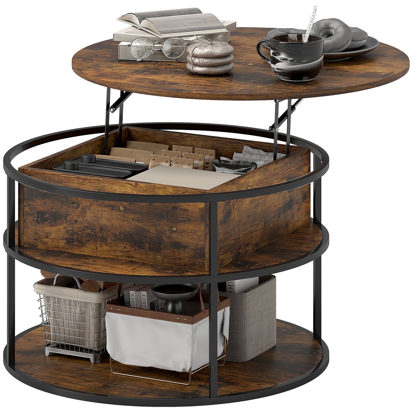Salontafel – Koffietafel – Bijzettafel – Tafel – Rond – Met Liftfunctie – Verstelbare Hoogte & Opbergruimte – Stalen Frame & Melamine Afwerking – Bruin