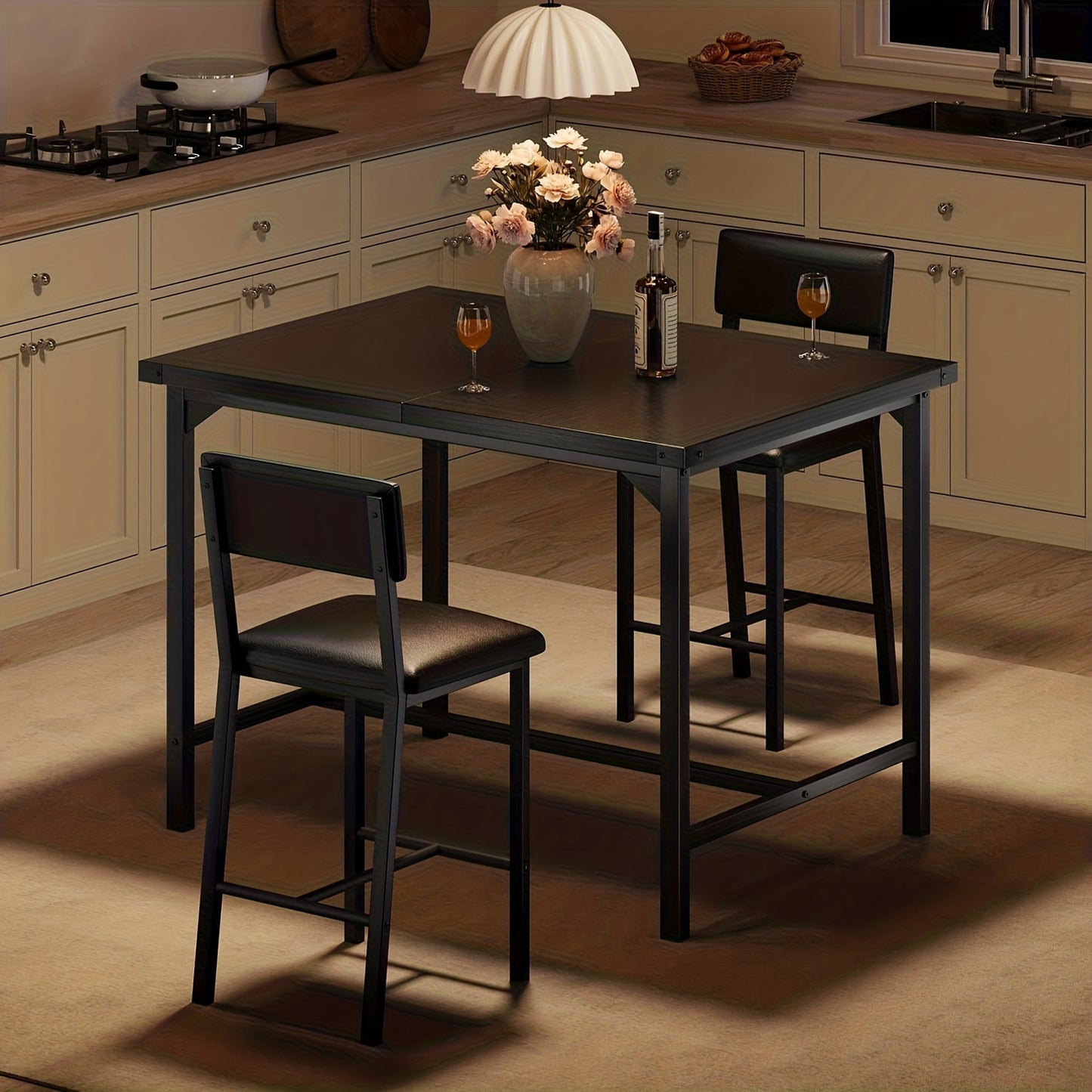 Dining Table Set for 2 W/Footrest & Backrest, Counter Height Table with 2 Bar Chairs, Kitchen Table Set with Corner Protector, for Small Space