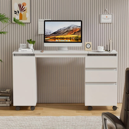 bureau – schrijftafel – computertafel – werkplek – bureau met lades – uitschuifbaar tafelblad 120 cm – inklapbaar design wit