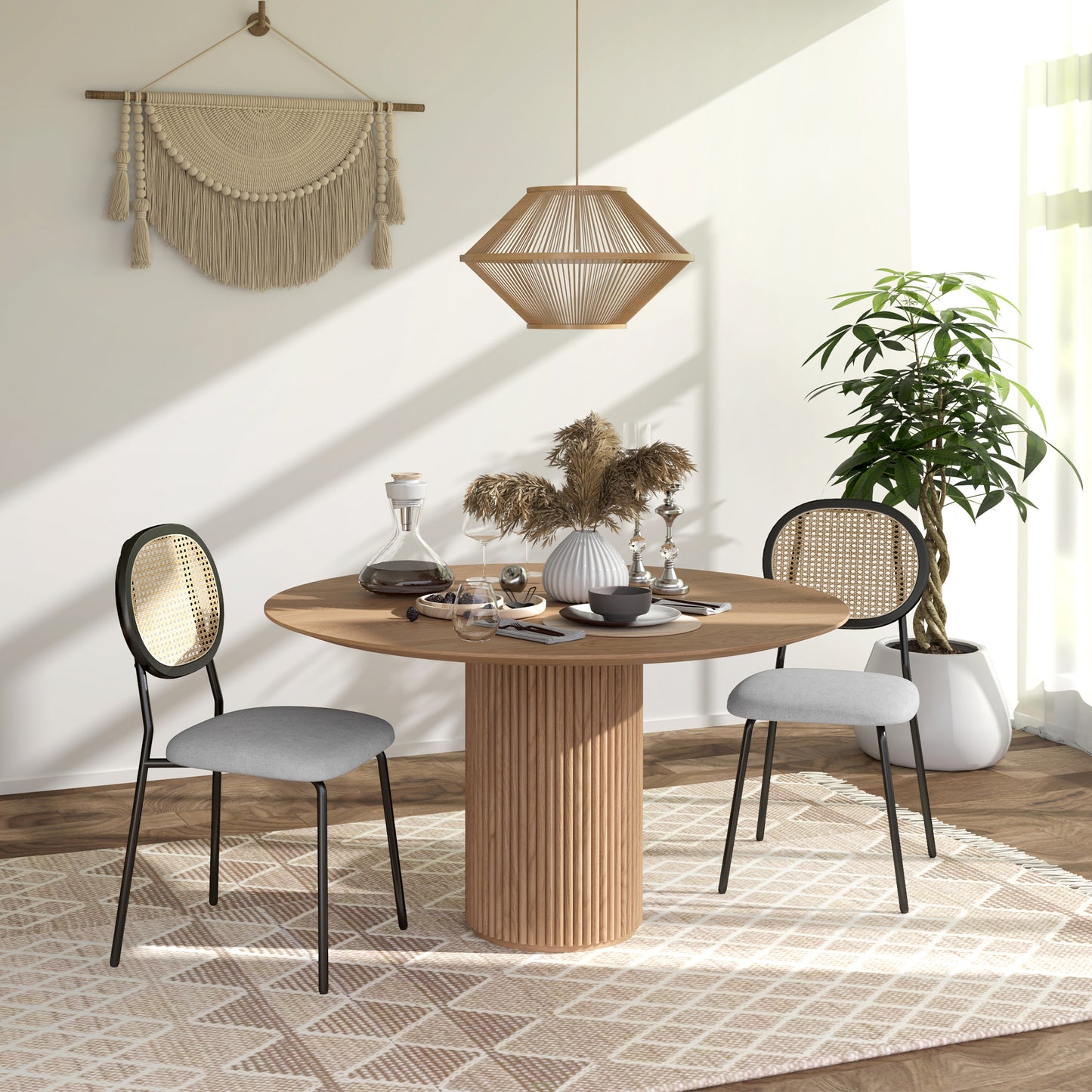Eetkamerstoel – Keukenstoel – Stoel – Kuipstoel – Bohemian Stoel – Rattan Rugleuning – Ademend Linnen Stof – Stalen Frame – Set van 2 – Max 120 kg