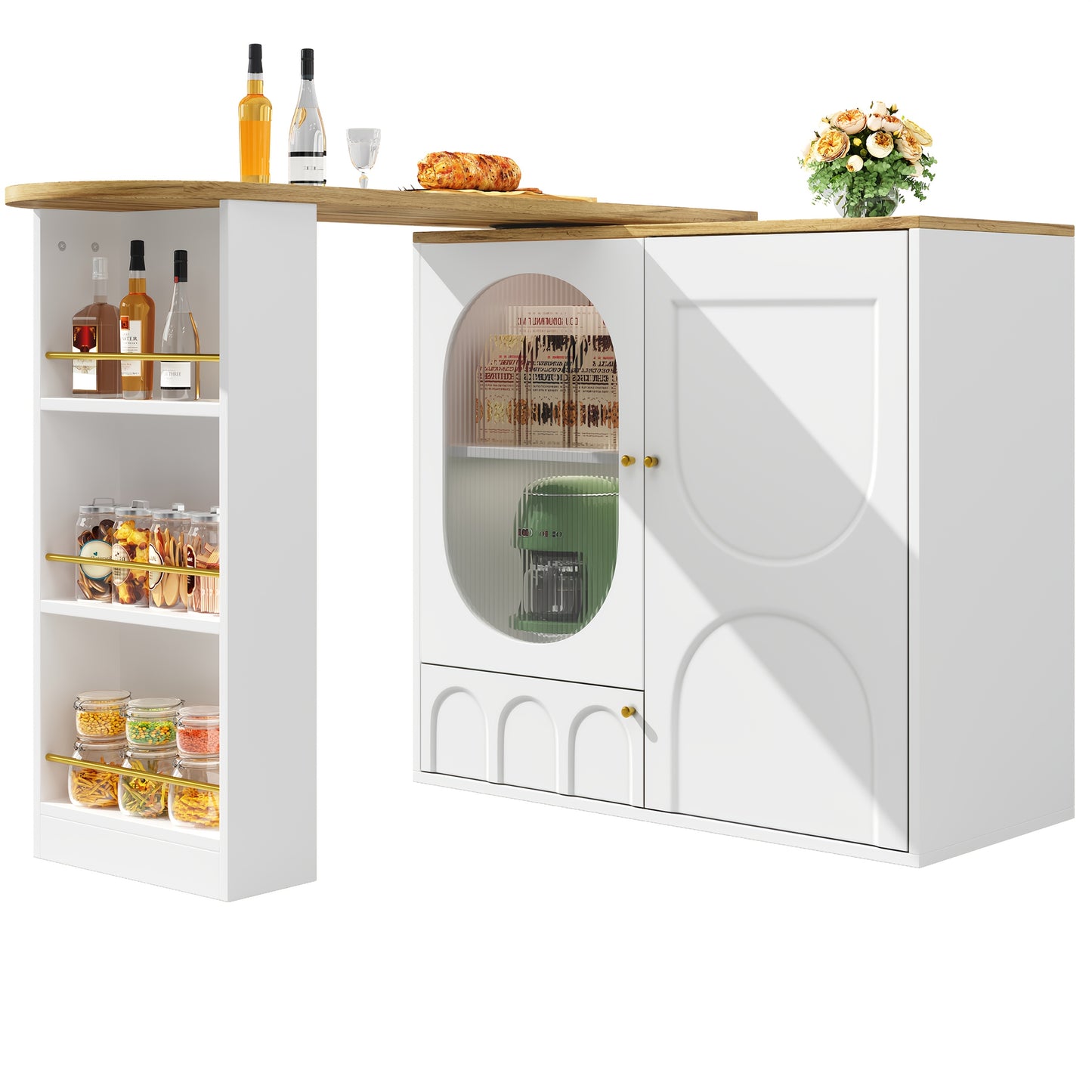 Barkruktafel – Bartafel – Bistrotafel – Statafel – Keukentafel – 360° Draaibaar – Hoog 138x39x102 cm – Wit met Walnoot – Drie Deuren met Opbergruimte – Verwijderbare Tussenwanden